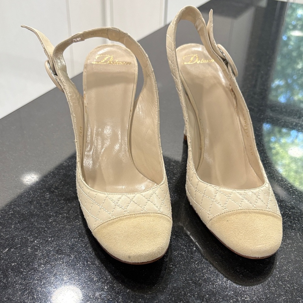 Delman Beige Quilted Slingback Heels
